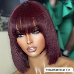 Burgundy Short Bob Wig with Bangs, Brazilian Human Hair, No Lace 180 Density