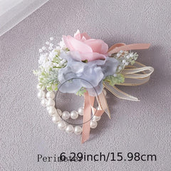 Faux Pearl Bracelet Wedding Corsage Fabric Hand Flowers
