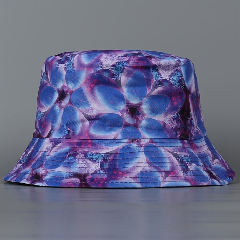 Cyberpunk Reversible Bucket Hat Circle Flower Print Fisherman Cap Purple