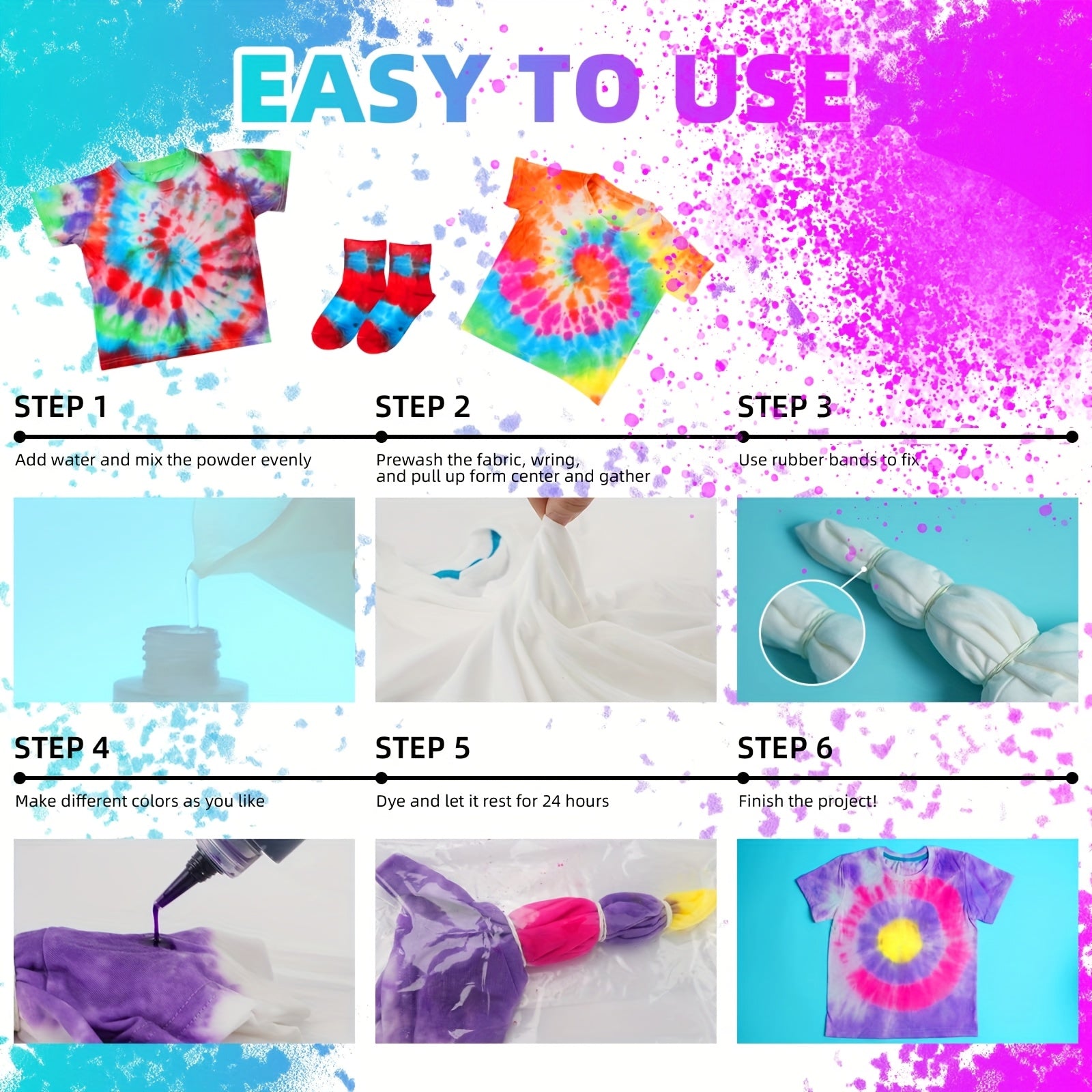 Tie Dye Kit - 32 Colors Fabric Paint Squeeze Bottles Rubber Bands