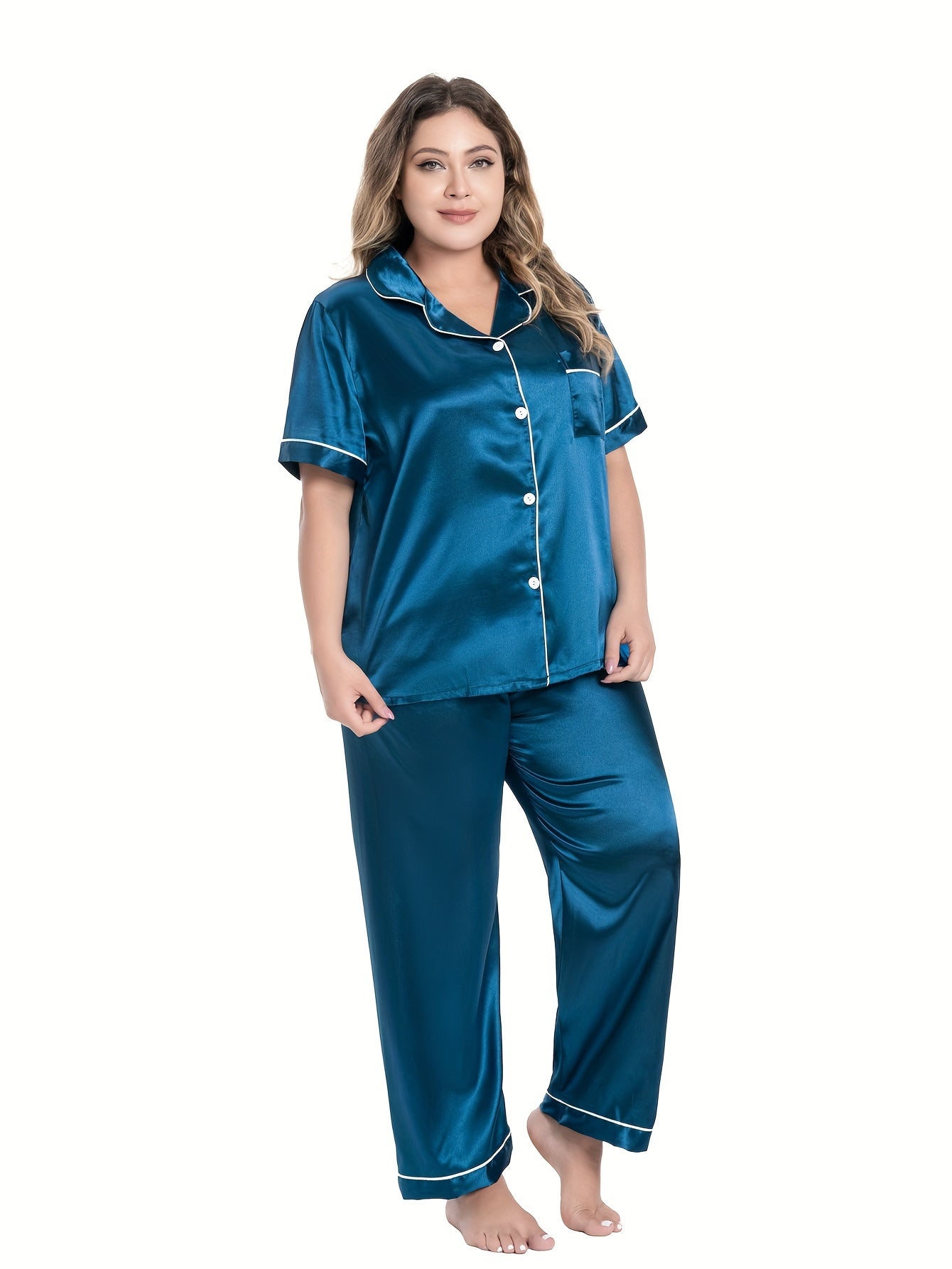  Soft Satin Short Sleeve Pajamas Set