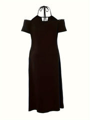  Sexy Dress Women's Plus Solid Beaded Decor Cold Shoulder Cut Out Front