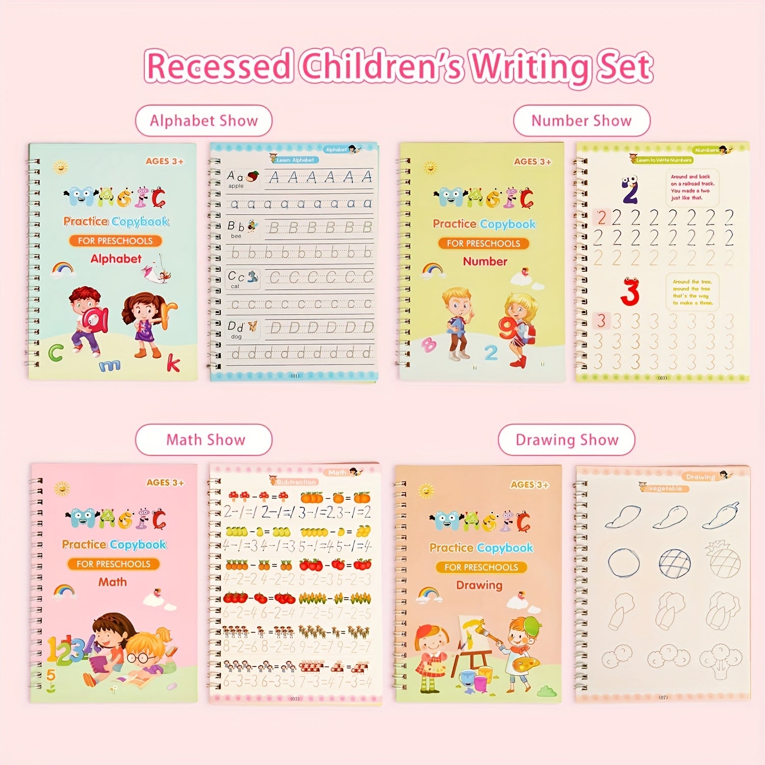 4 Pack Handwriting Exercise Books with Grooved Pages & Pen Set