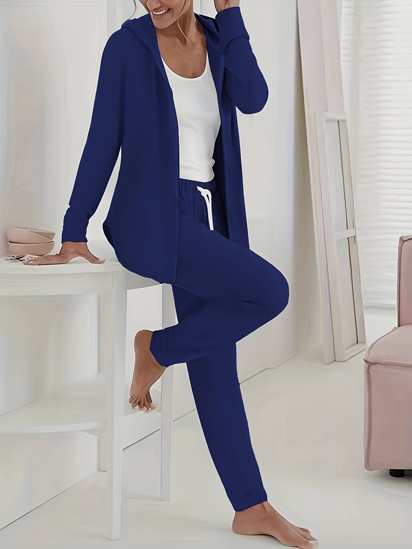  Solid Hooded Zip Coat & Drawstring Pants Set
