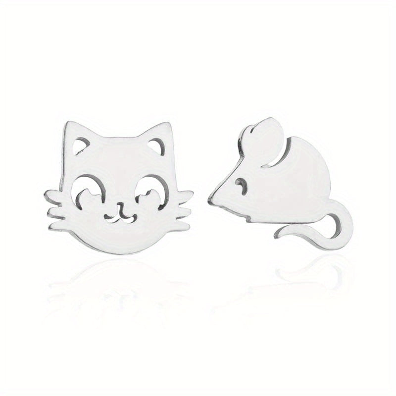 Stainless Steel Cat And Mouse Stud Earrings