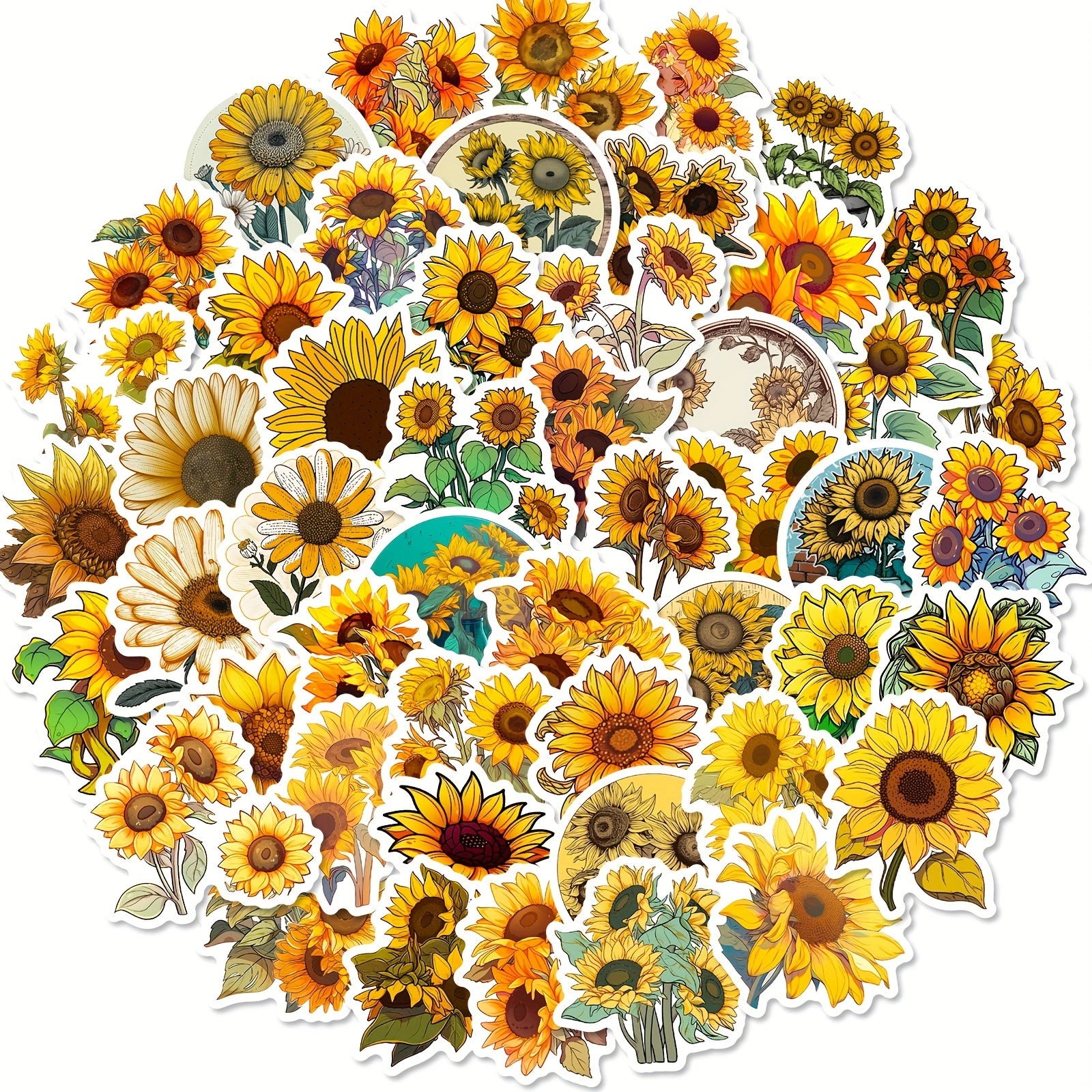 50pcs Sunflower Stickers Yellow Sunshine Stickers For Computer Phone Laptop Wat