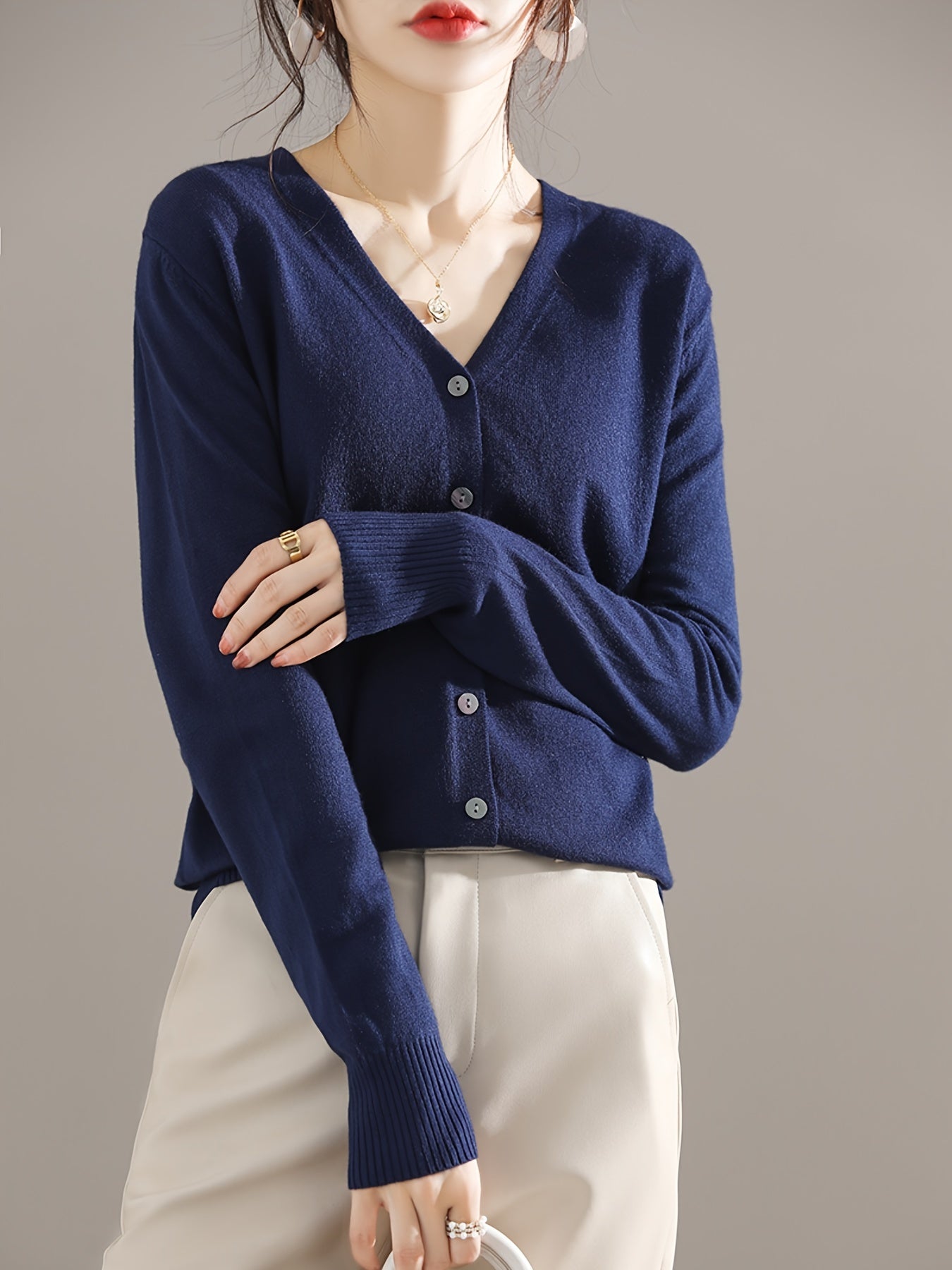 V Neck Solid Long Sleeve Cardigan for Women