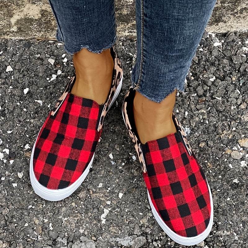 Leopard Print & Plaid Loafers Slip On Canvas Shoes