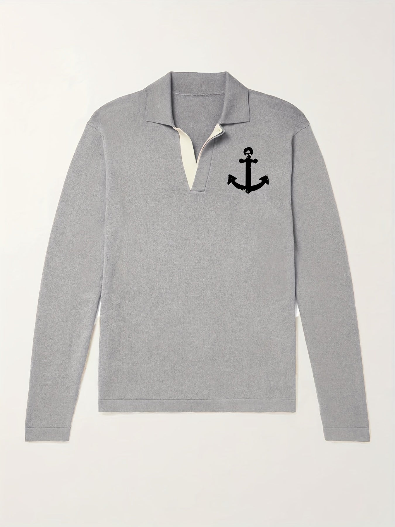 Anchor Pattern Knit Polo Shirt Men's Casual Lapel V Neck Pullover