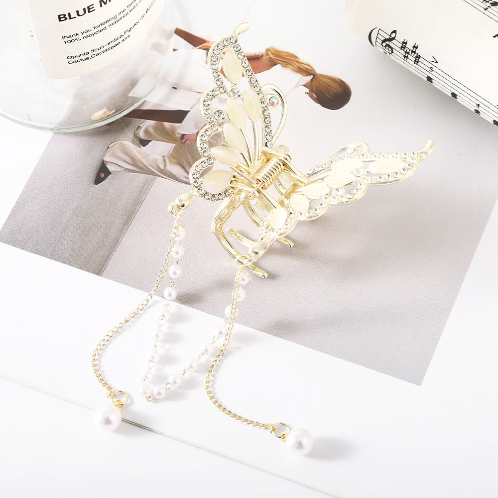 Butterfly Rhinestone Hair Claw Clip with Tassel - Golden