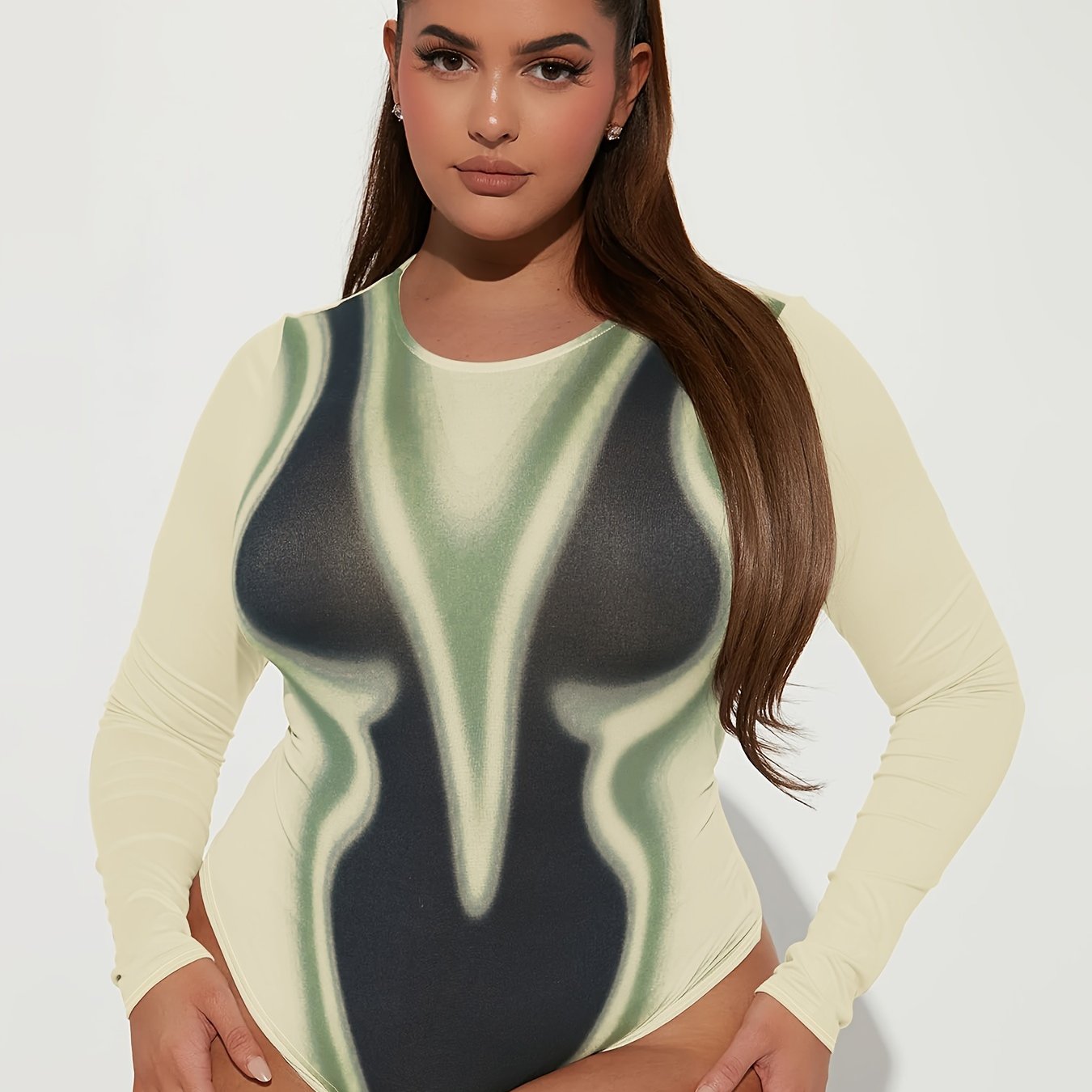 Sexy Bodysuit Women's Plus Body Print Long Sleeve