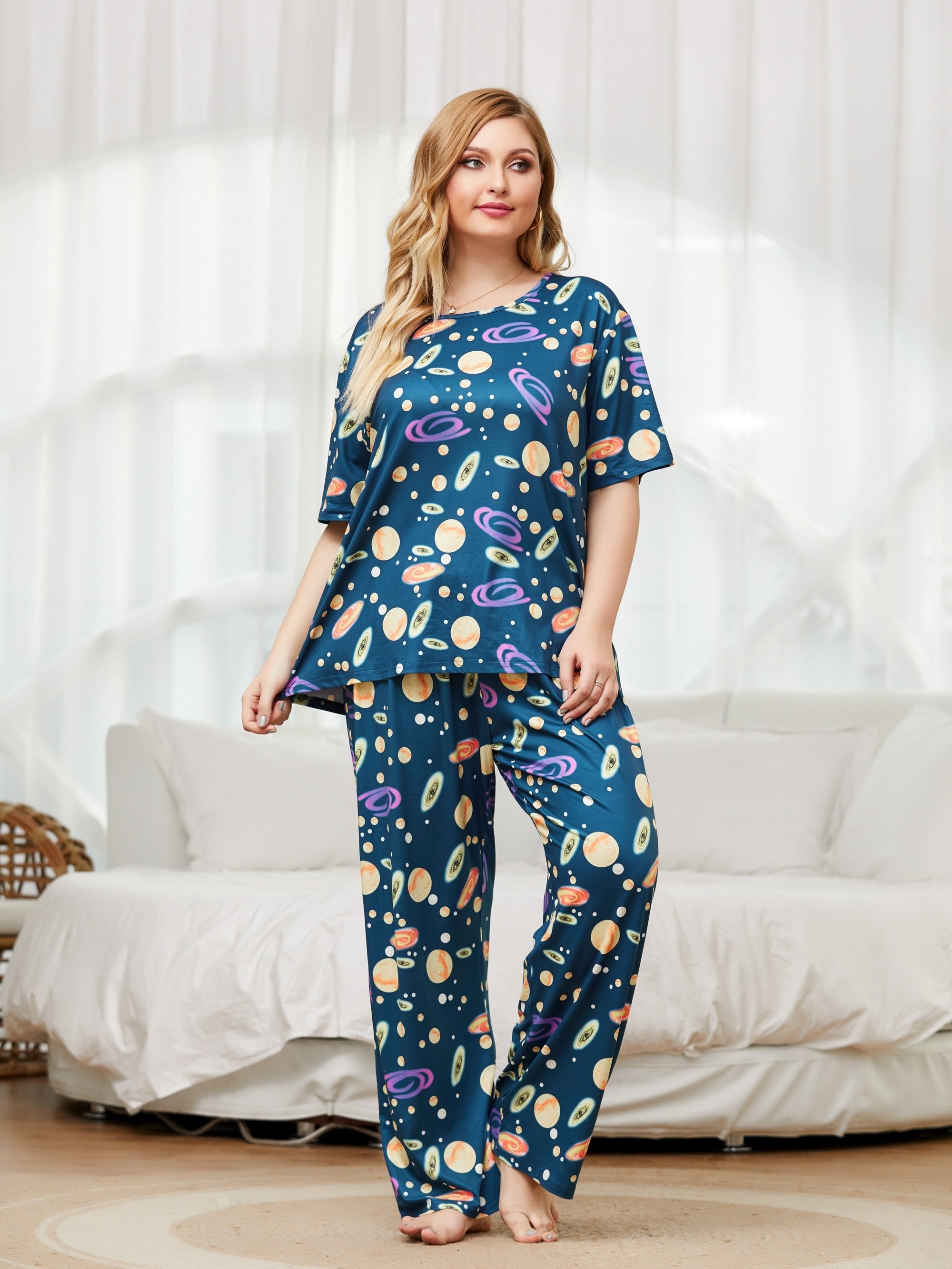  Planet Print Pajama Set Short Sleeve Top & Pants Two Piece Set