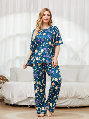  Planet Print Pajama Set Short Sleeve Top & Pants Two Piece Set