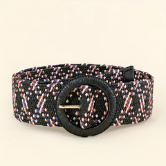 Vintage Braided Straw Belt with Round Buckle for Women