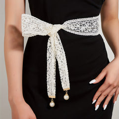 Lace Sash Belt Faux Pearl Pendant Bowknot Waistband Decorative Girdle