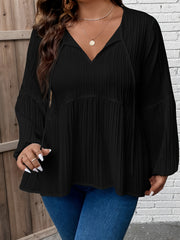  Solid Ribbed Lantern Sleeve Peplum Top