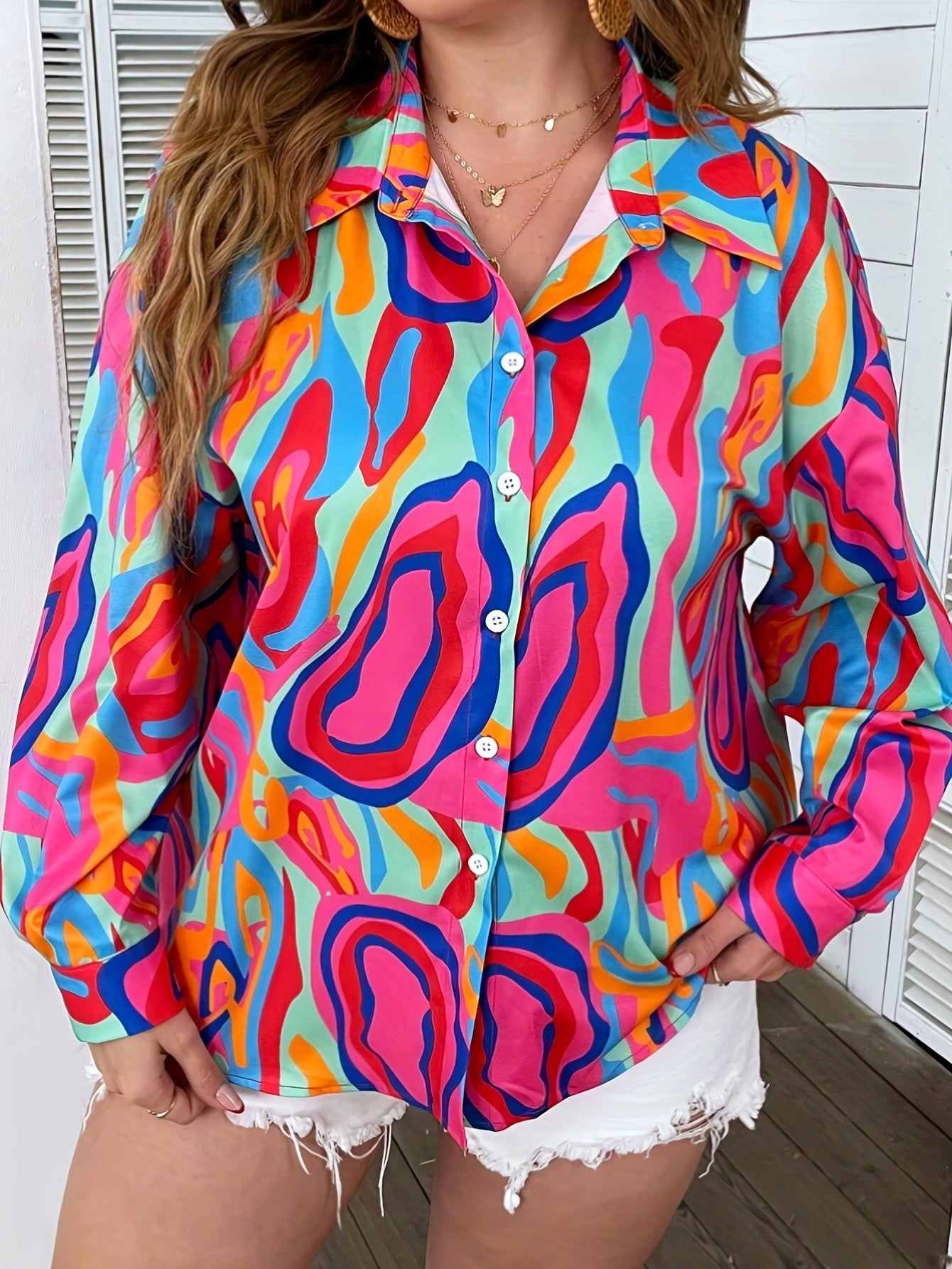  Colorblock Print Button Up Blouse
