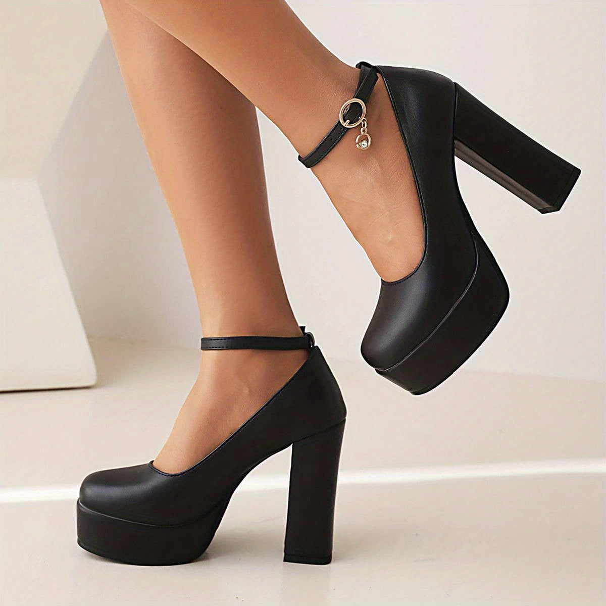 Block Heel Buckle Platform Pumps Dress Heels