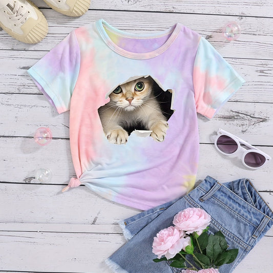 Kitty & Tie Dye Tee for Toddler Girls Short Sleeve Crewneck Summer Top