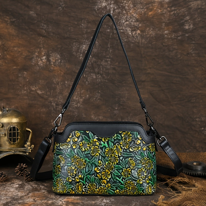 Floral Pattern Leather Crossbody Shoulder Bag Zipper Closure