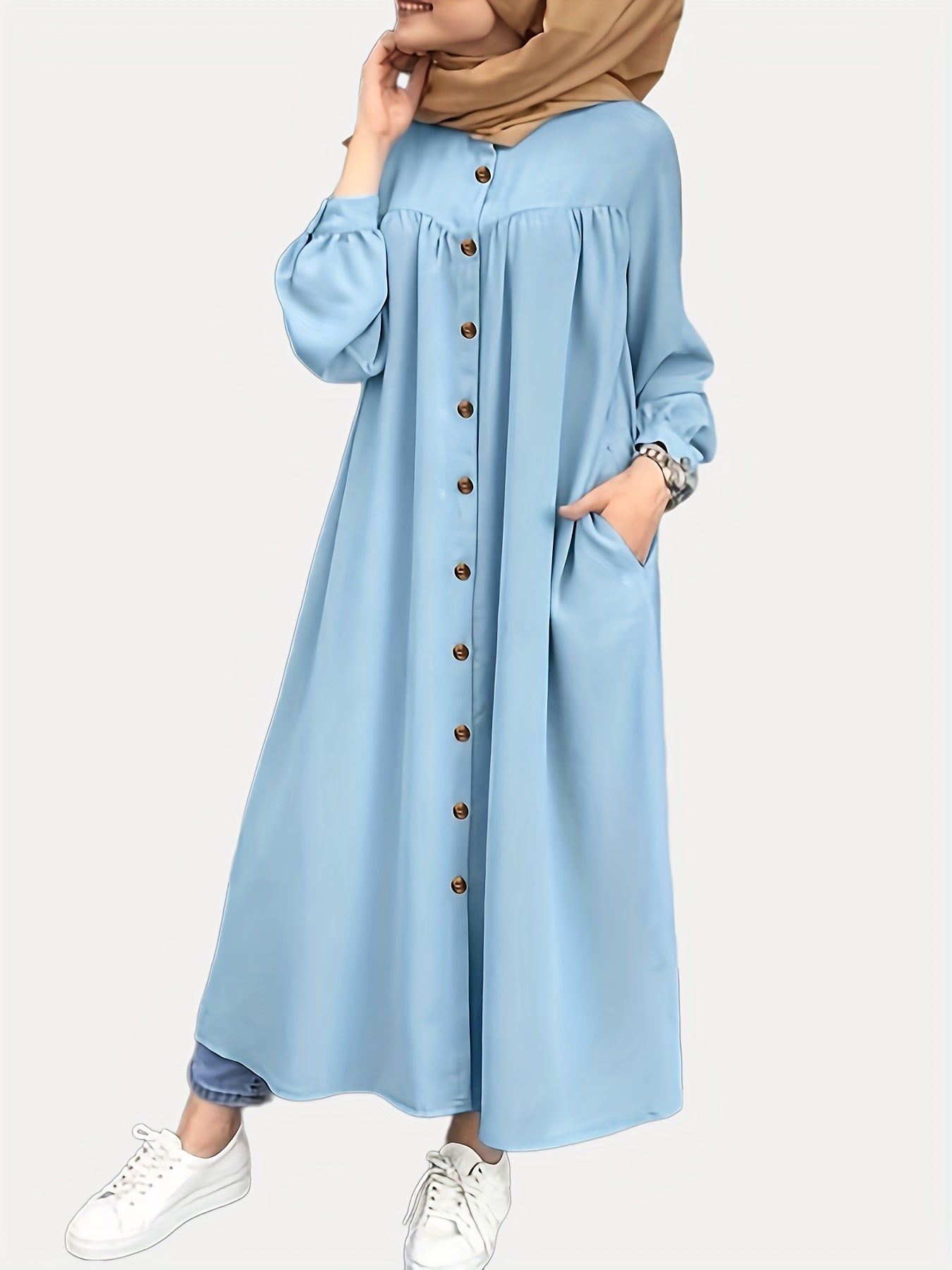  Lantern Sleeve Maxi Shirt Dress With Pockets