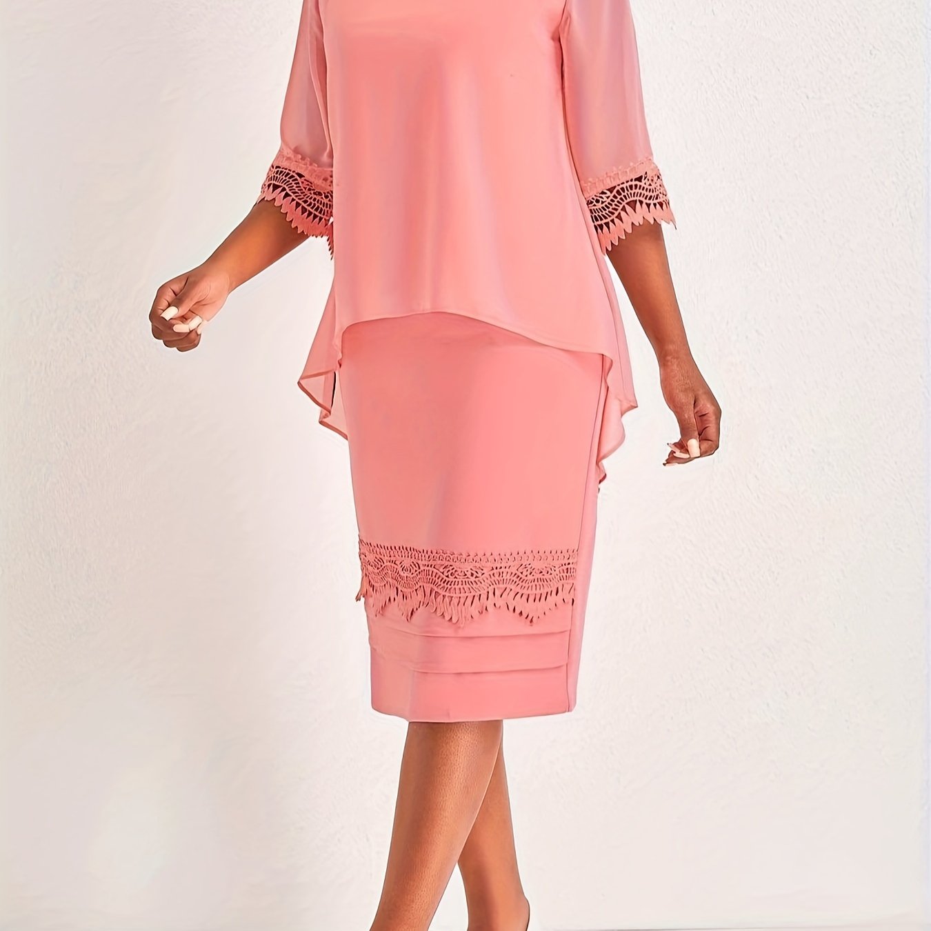  Solid Contrast Lace Trim Dress