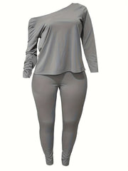  Solid One Shoulder Top & Pants 2 Piece Set