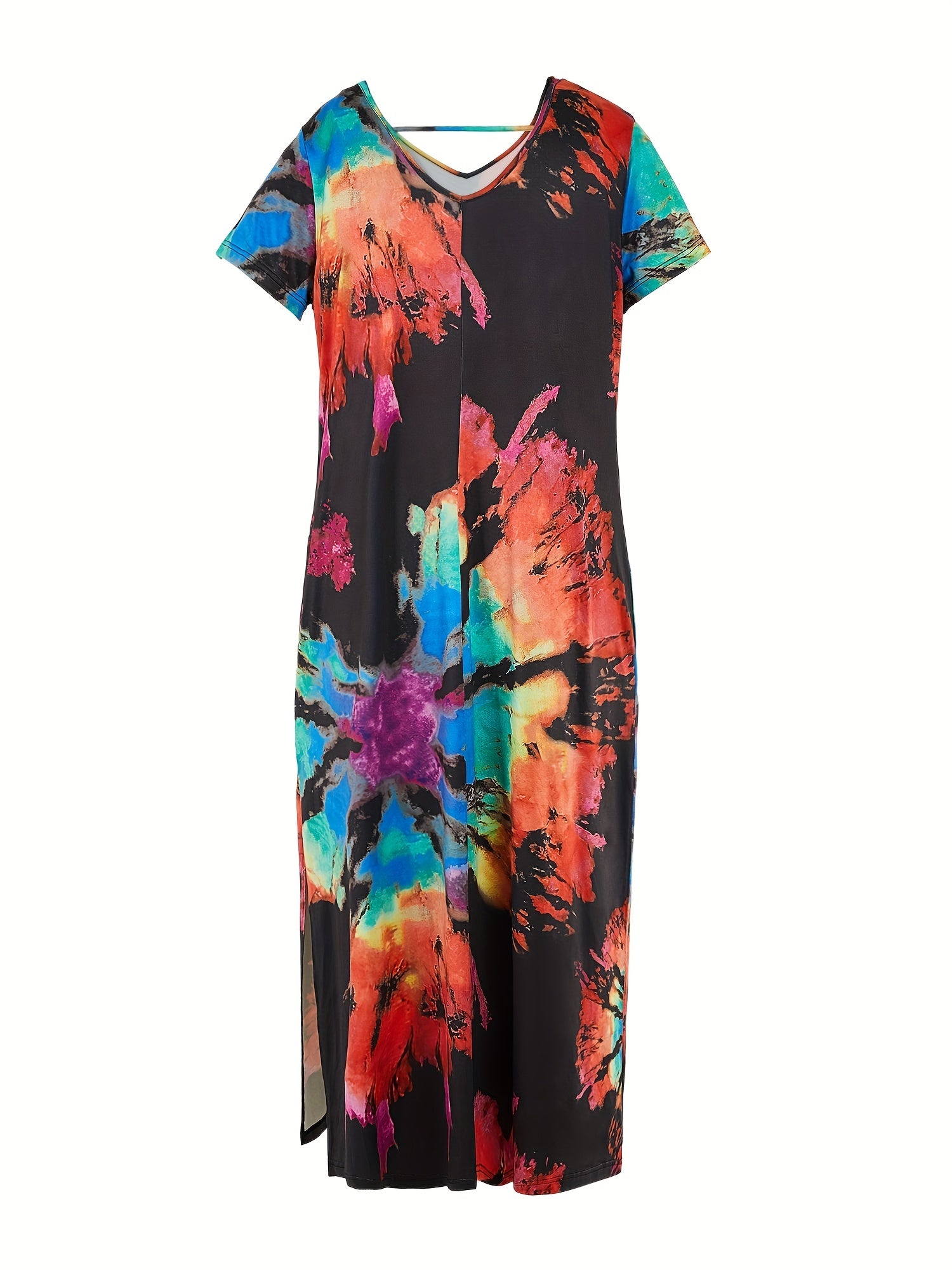 Women's Plus Tie Dye Short Sleeve V Neck Maxi Dress With Pockets