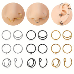 6 Pcs Hinged Nose Ring Set Stainless Steel Body Piercing Jewelry