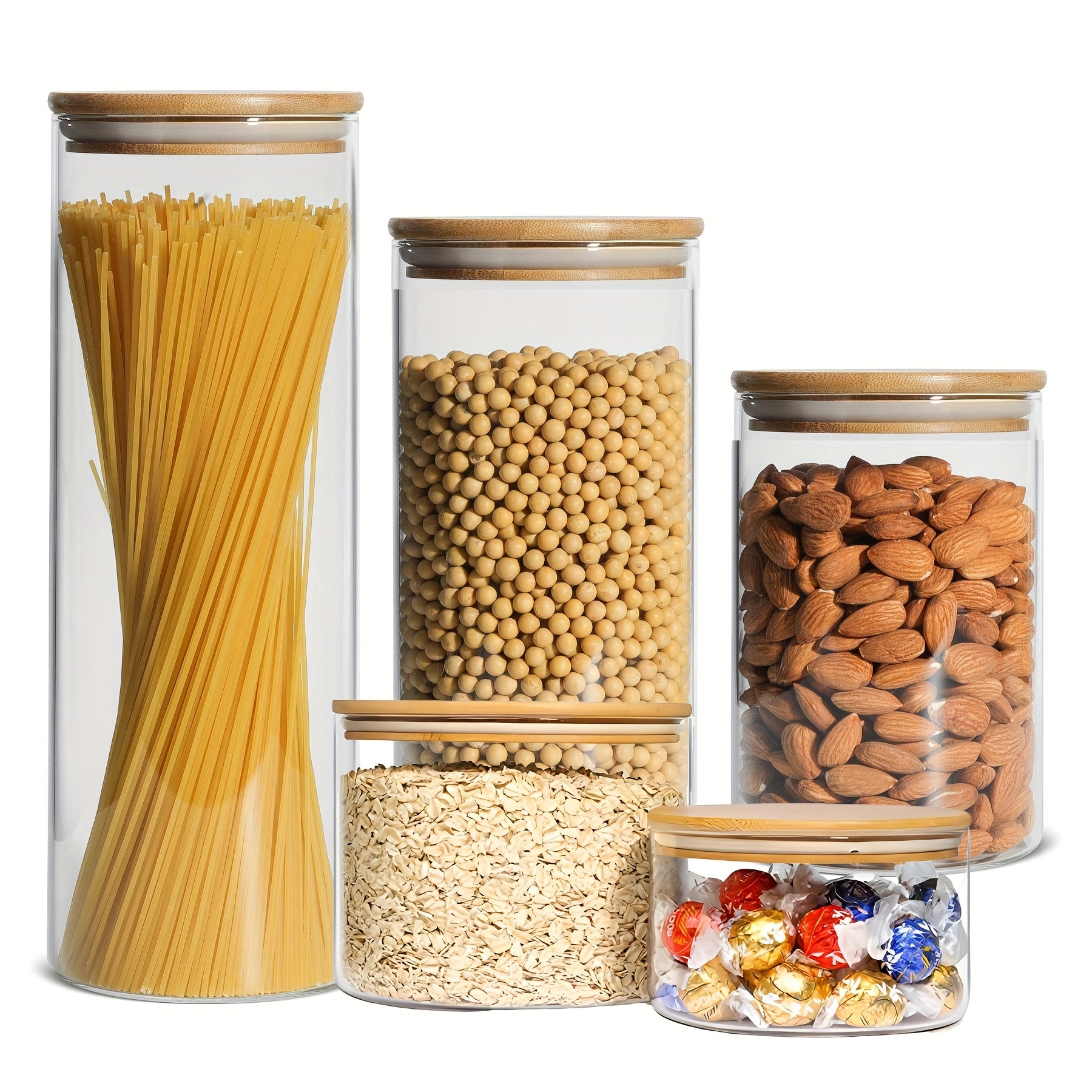 5pcs Glass Candy Jars with Bamboo Lids Airtight Containers for Spices Nuts Cooki