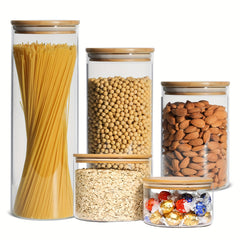 5pcs Glass Candy Jars with Bamboo Lids Airtight Containers for Spices Nuts Cooki