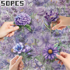 50pcs Purple Floral Stickers Transparent Shapes Self Adhesive Deca