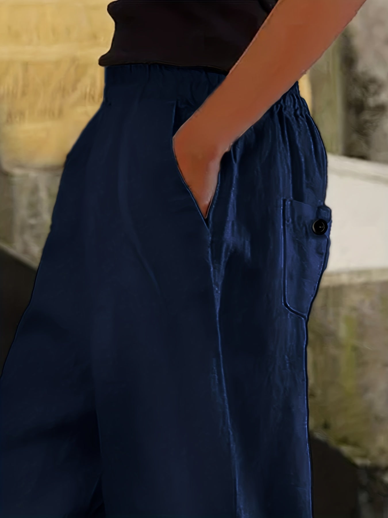 Solid Elastic Ruched Trousers With Pockets