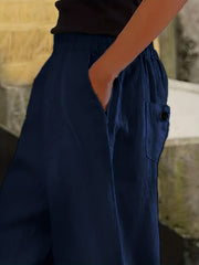  Solid Elastic Ruched Trousers With Pockets