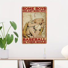 Baseball With Baby Boy Vintage Art Poster Metal Tin Sign