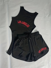 Letter Print 2pc Set Sleeveless Bodysuit & Drawstring Shorts