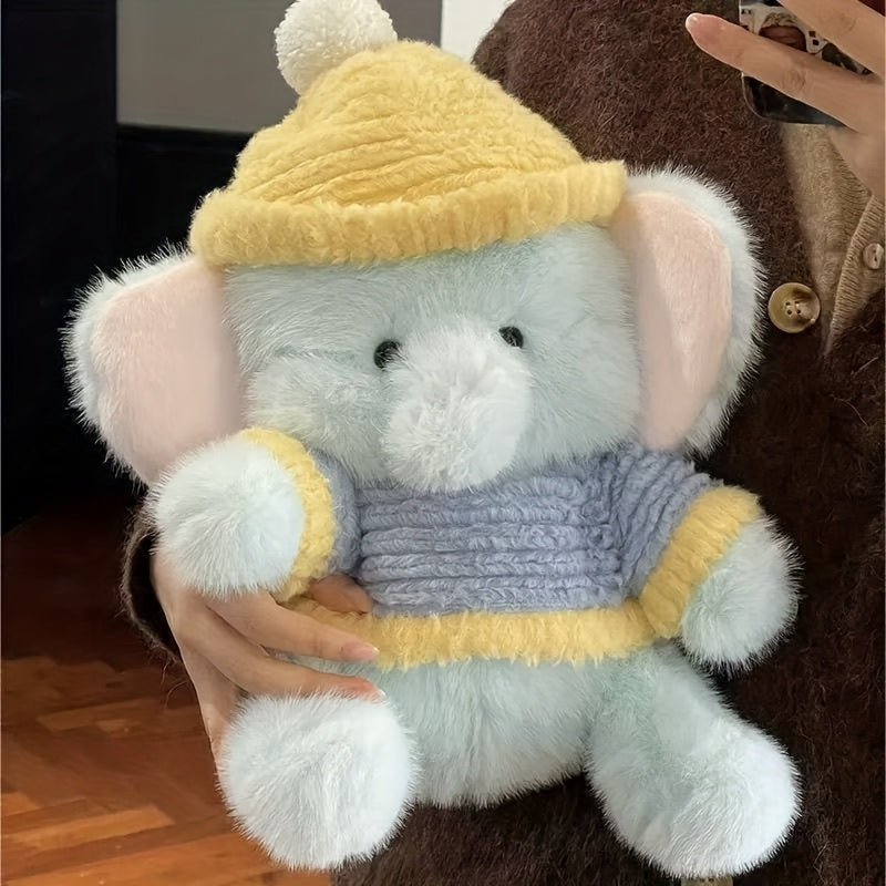 Elephant Plush Toy Realistic Cartoon Elephant with Yellow Knit Hat & Overalls
