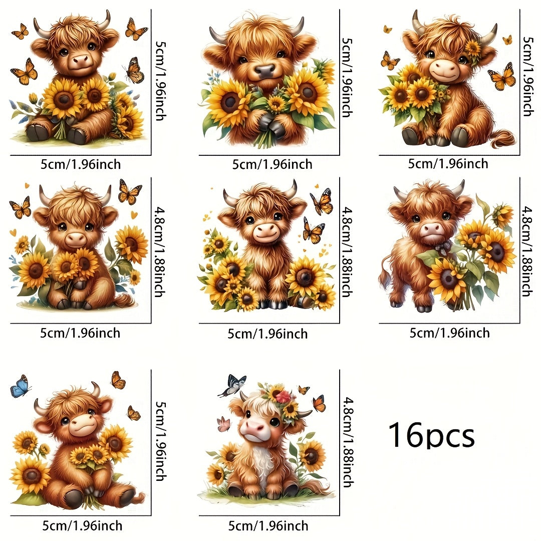 8pcs Highland Cow & Sunflower Vinyl Stickers Waterproof UV Scratch Pro