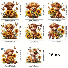 8pcs Highland Cow & Sunflower Vinyl Stickers Waterproof UV Scratch Pro