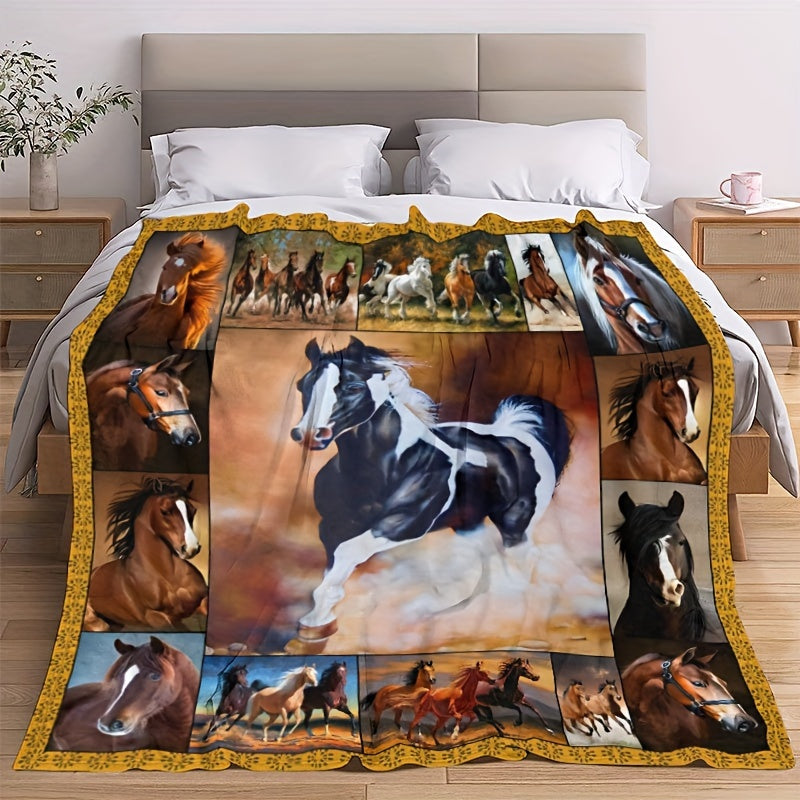 Running Horse Print Flannel Blanket Double sided Fleece Soft For Sofa Bed