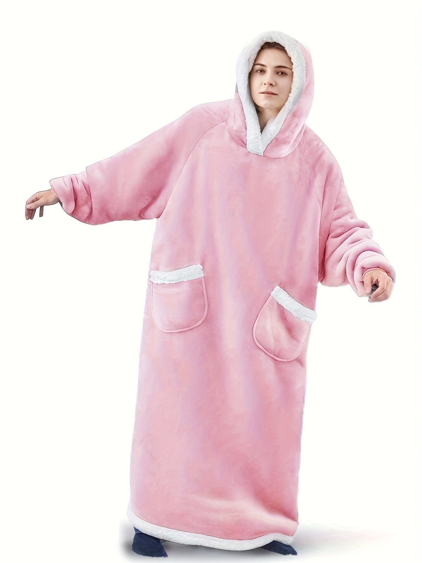  Sherpa Fleece Robe with Pockets, Extra Long Wearable Blanket