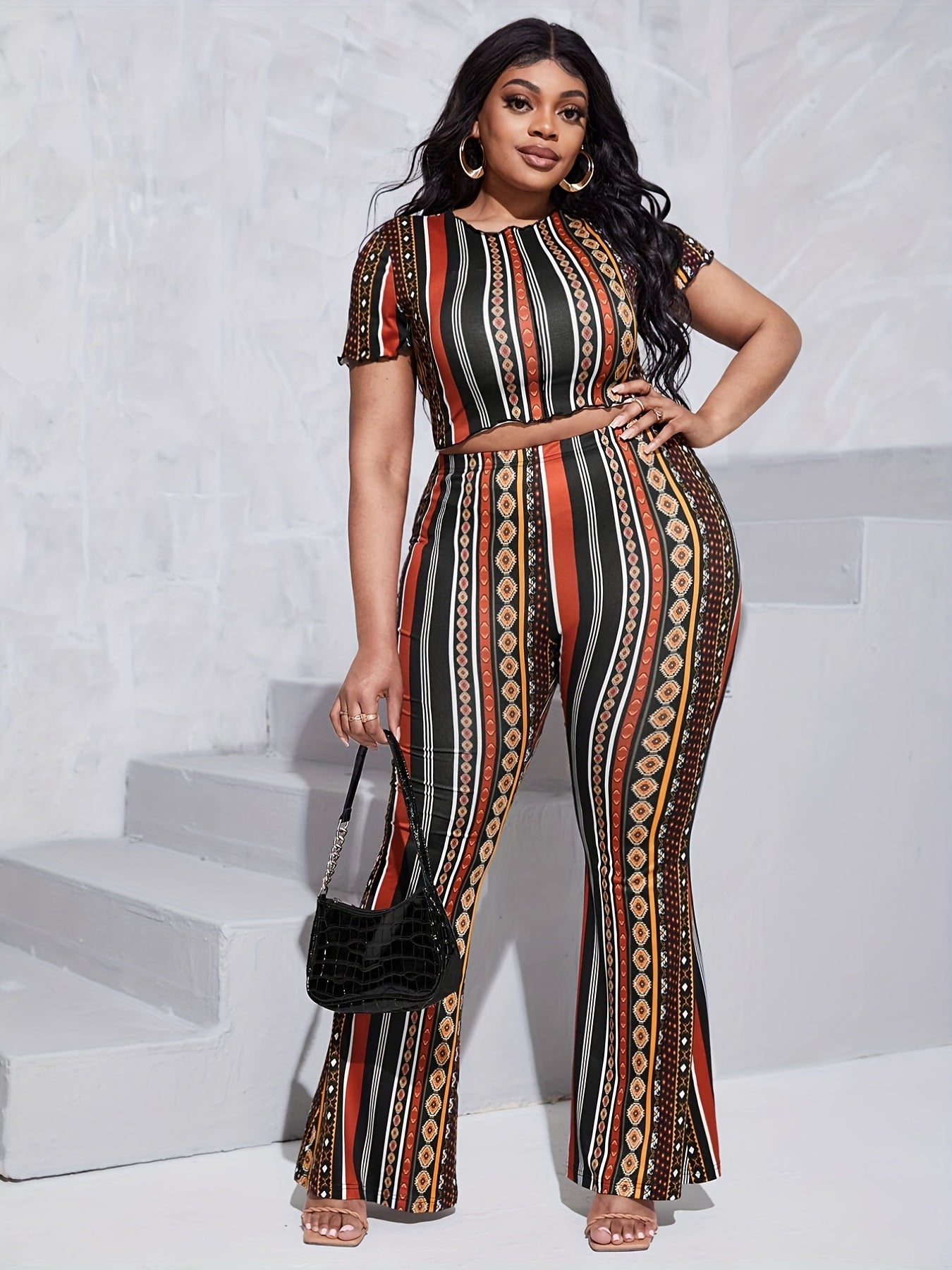  Boho Outfits Set Women's Plus Tribal Print Crop Top & Wide Leg Pants