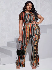  Boho Outfits Set Women's Plus Tribal Print Crop Top & Wide Leg Pants