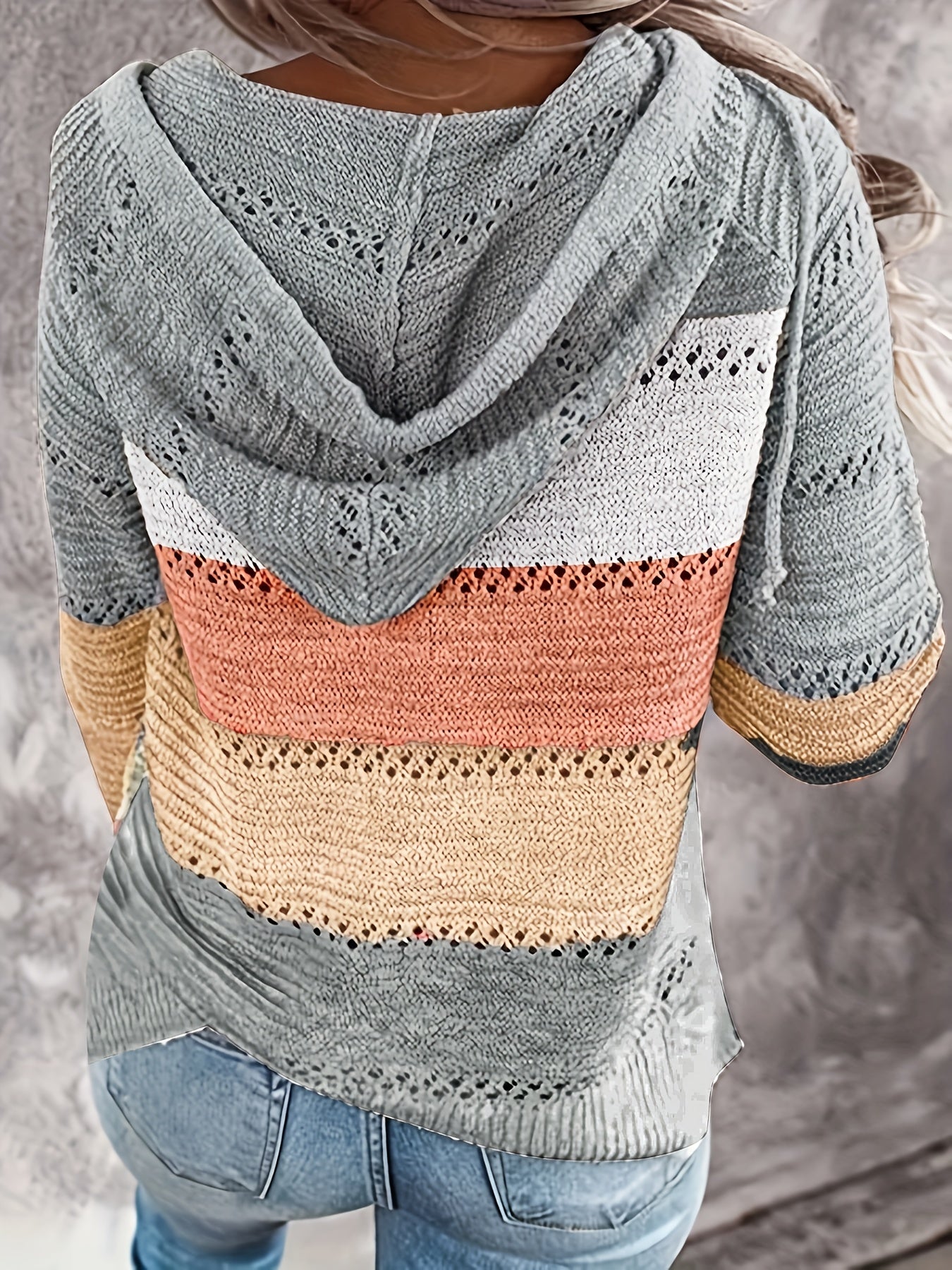  Colorblock Lace Up Hooded Sweater Long Sleeve Pullover Top