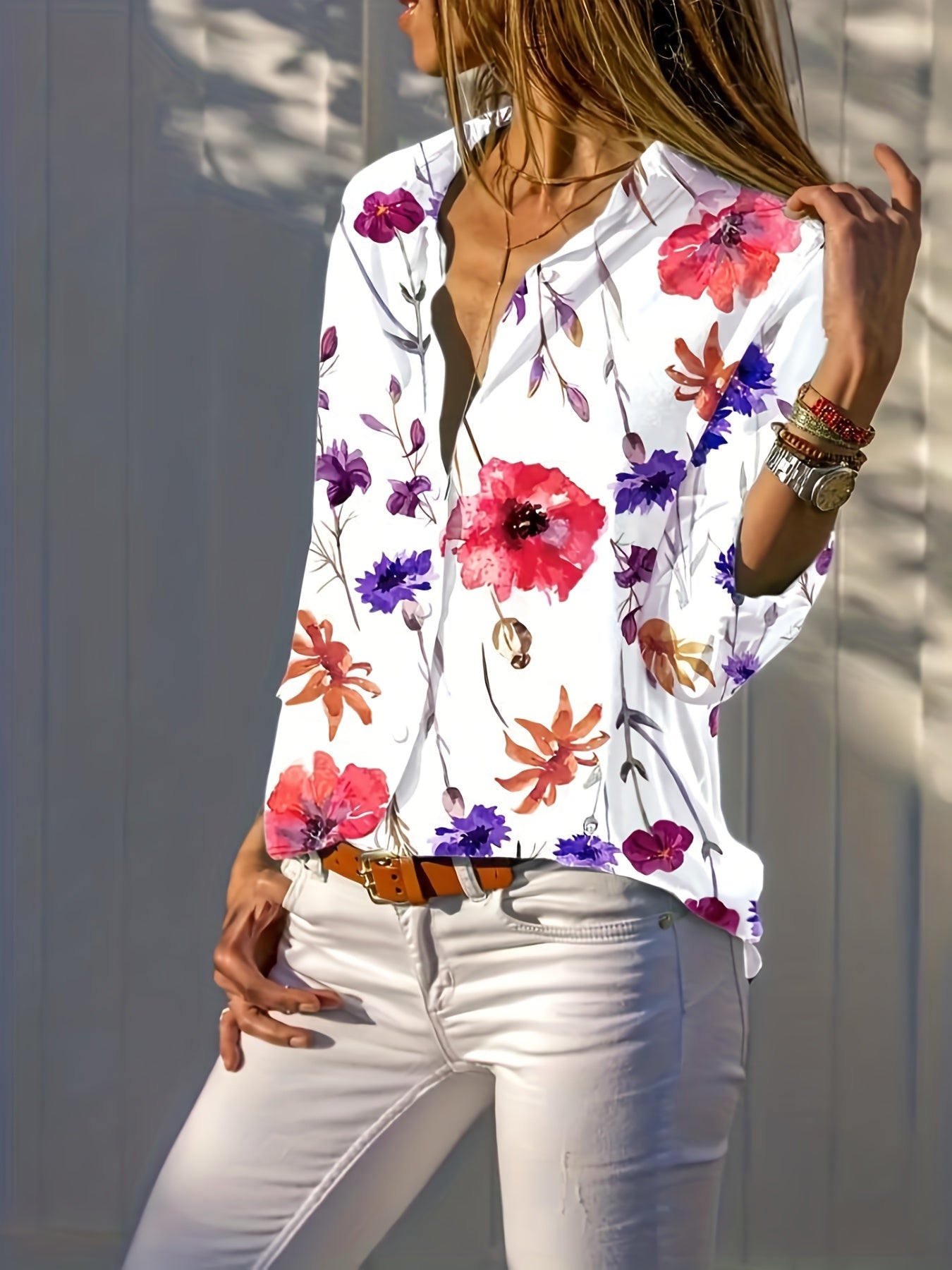  Floral Print Button Up Long Sleeve Blouse