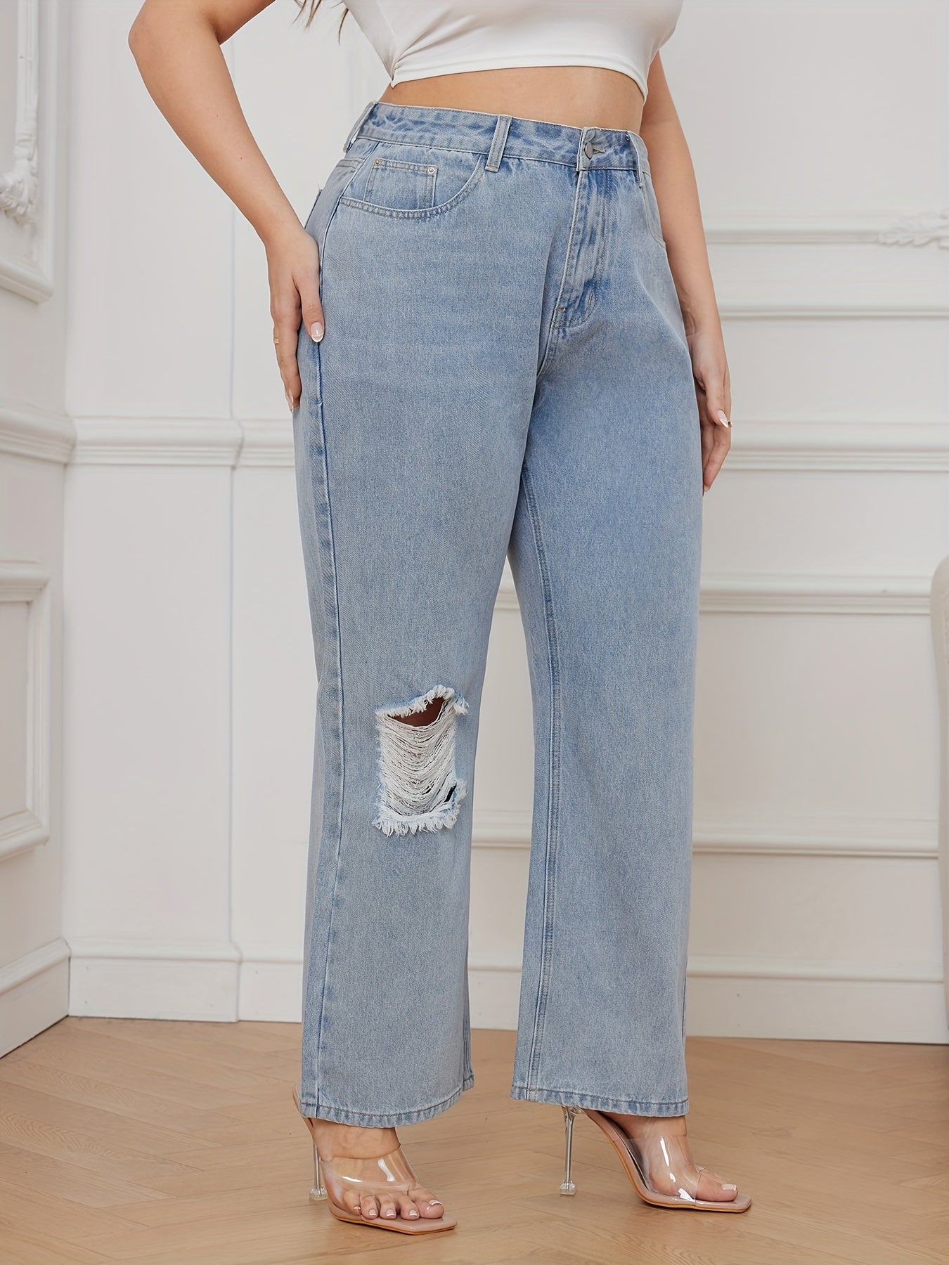  Ripped High Rise Straight Leg Jeans
