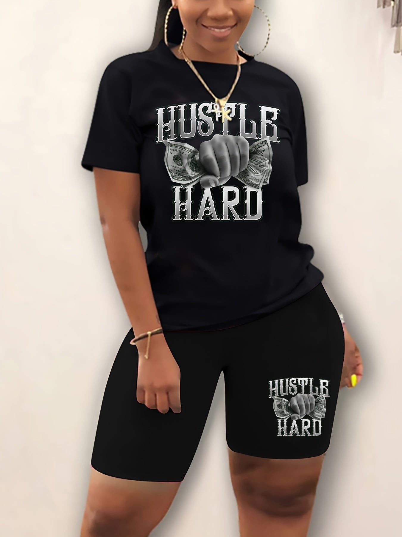 Money Print Short Sleeve Tee & Biker Shorts Set Women's Plus Size