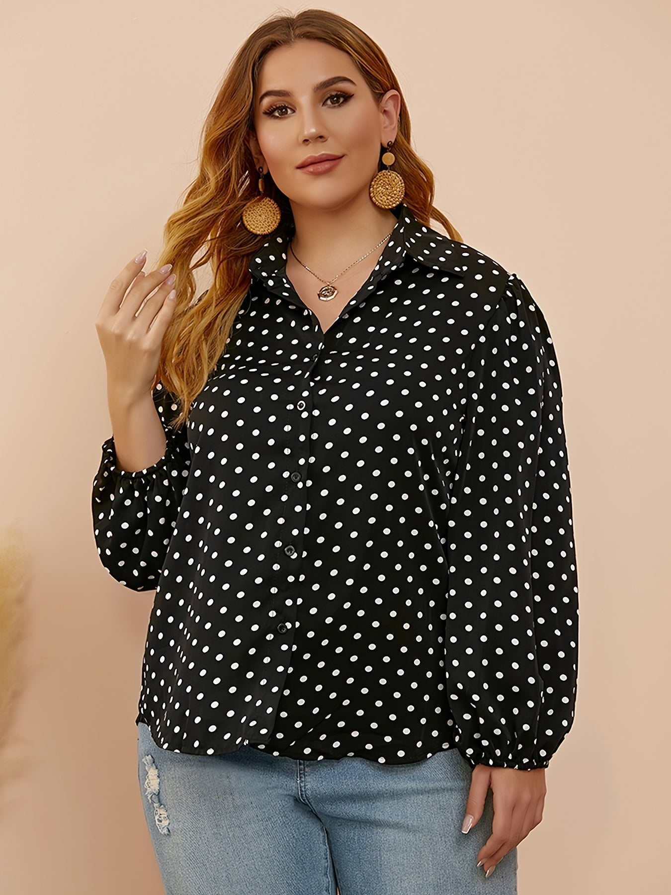  Polka Dot Print Lantern Sleeve Shirt