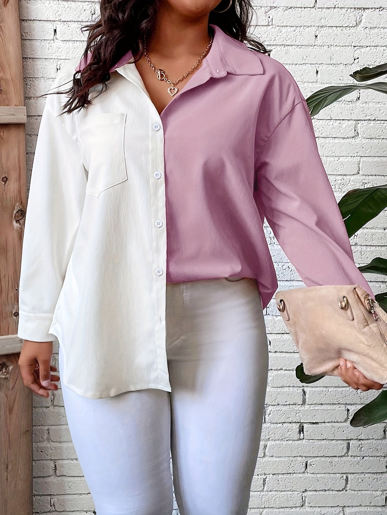  Colorblock Long Sleeve Button-Up Shirt Top With Pockets
