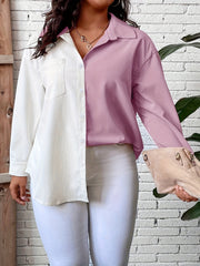  Colorblock Long Sleeve Button-Up Shirt Top With Pockets